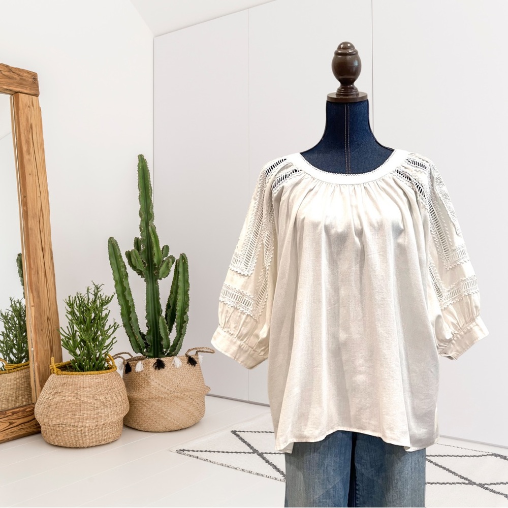Sundance Crochet Eyelet Trim Balloon Sleeve Top